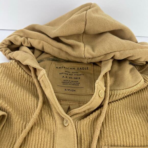 American Eagle Button Down Shirt Jacket Hoodie Brown Mustard Corduroy Cropped S - Picture 4 of 10